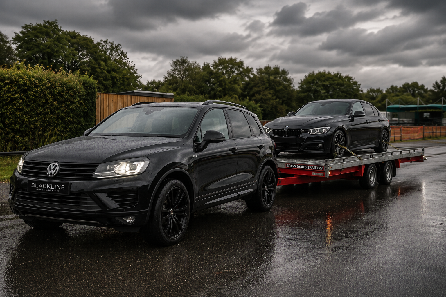 Brian James transporter loaded with a luxury SUV at dusk